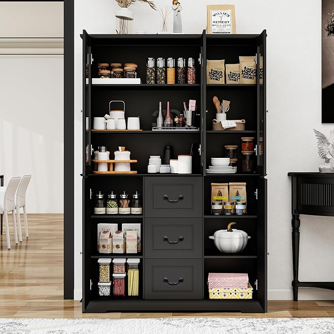 70.9" Tall Bookcase Display Storage Cabinet Hutch with Glass Doors & Drawers - Curio Display Bookshelf Kitchen Pantry for Home, Kitchen, Living Room.