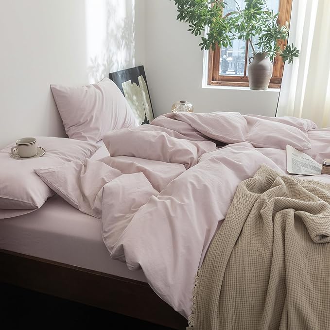 FOSSA Duvet Cover Set 100% Washed Cotton Linen Feel Super Soft Breathable Cozy 3 Pieces Bedding Sets Solid Greyish Pink Queen