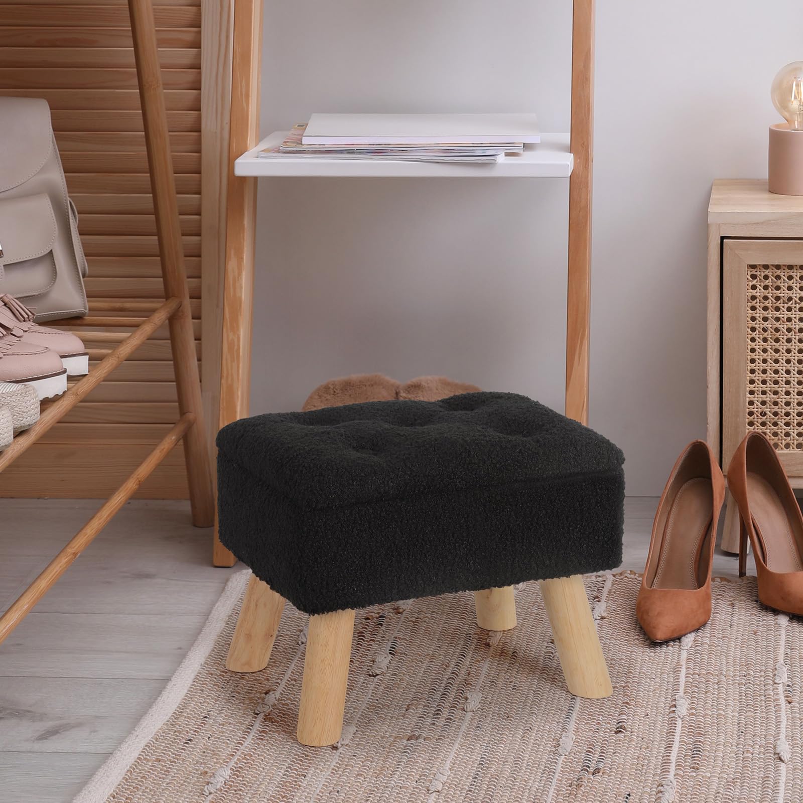 OGEMXU Storage Ottoman, Small Foot Stool Ottoman with Storage, Boucle Teddy Velvet Foot Rest with Padded Seat, Sturdy Wood Legs Stool for Living Room, Bedroom, Couch, Enterway (Cream) Dormly
