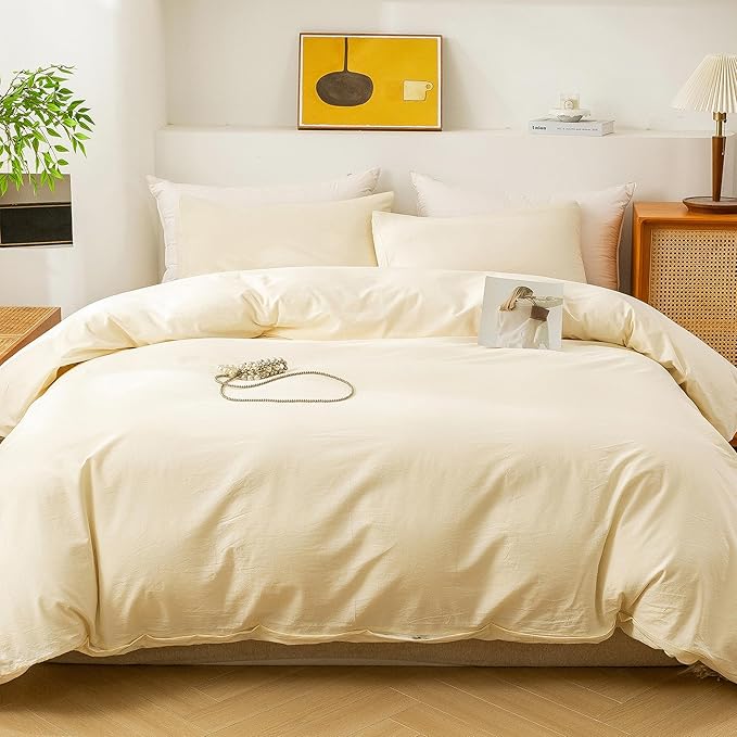 ECOCOTT Duvet Cover King Size - 3 Piece 100% Washed Cotton Bedding Set, Soft & Breathable with Zipper Closure 8 Corner Ties - Comfortable and Stylish for All Seasons (Cream)