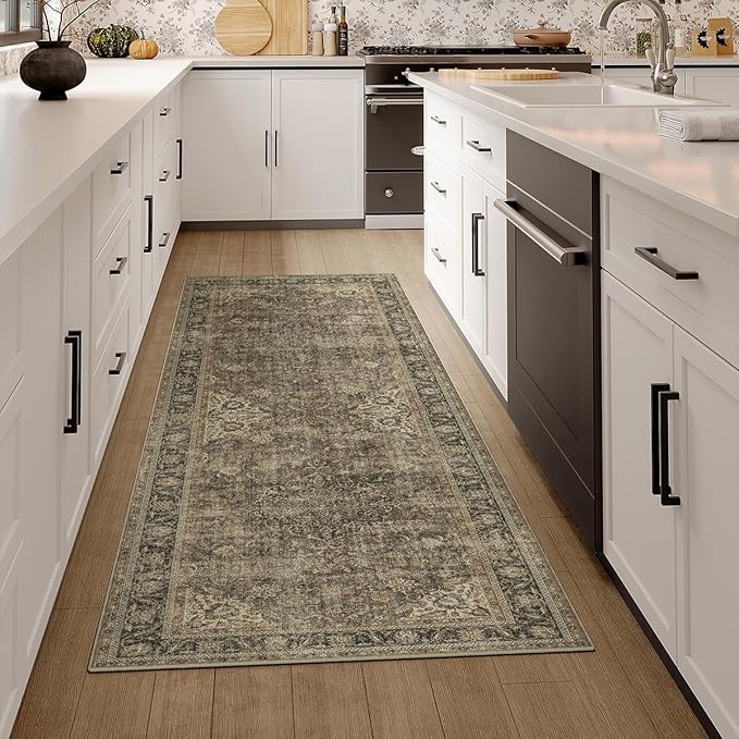 2x5 Washable Brown Runner Rug Vintage Hallway Kitchen Carpet Non-Slip Soft Low Pile Distressed Throw Rug for Bedroom Bathroom Laundry Living Room