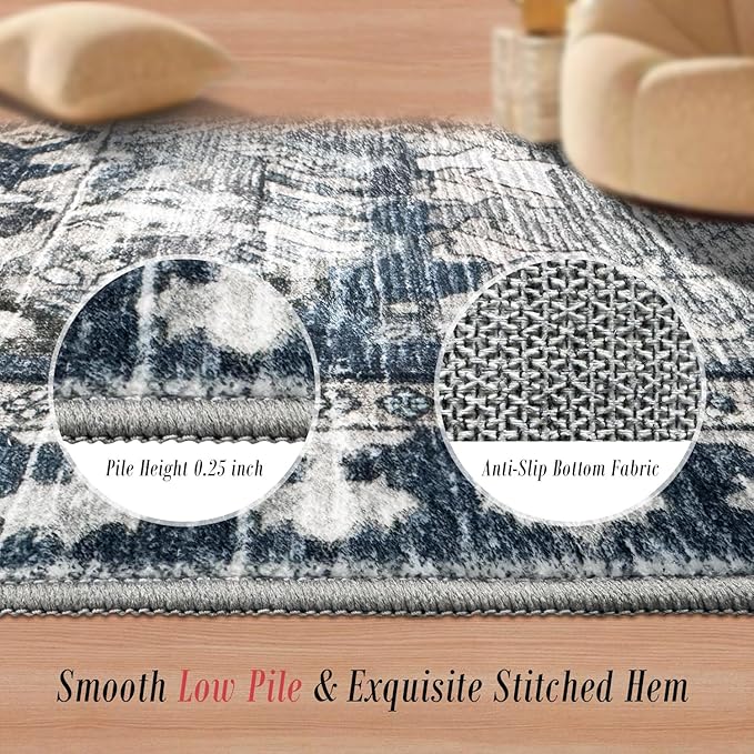 RUGSURE Washable Area Rugs - Perfect for Living Room, Bedroom, Kids Room, Nursery - Stain & Water Resistant Non-Slip, Pet & Child Friendly, Vintage Tribal Area Rugs (Grey and Blue, 8' x 10')