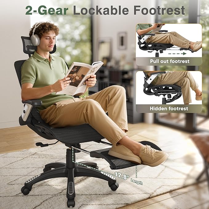 GABRYLLY Office Chair with Footrest, Ergonomic Desk Chair - 135° Recline Wide, 45° Flip-Up Arms,3D Headrest & Mesh Seat, High Back Home Gaming Chair for Adult Man Woman, 300LBS