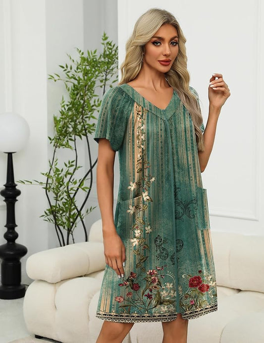 Ekouaer Women Robe Zipper Front Mumu Duster Robes Zip Up Housecoat Soft Sleepwear with Pockets