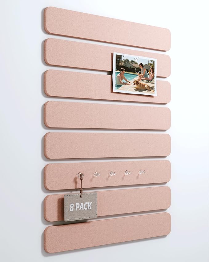 Cork Board Alternative Felt Strip Board 8-Pack 13"x2", Office Pin Board with 50 Push Pins, Adhesive Install for Bedroom Door & Home Office(Pink)