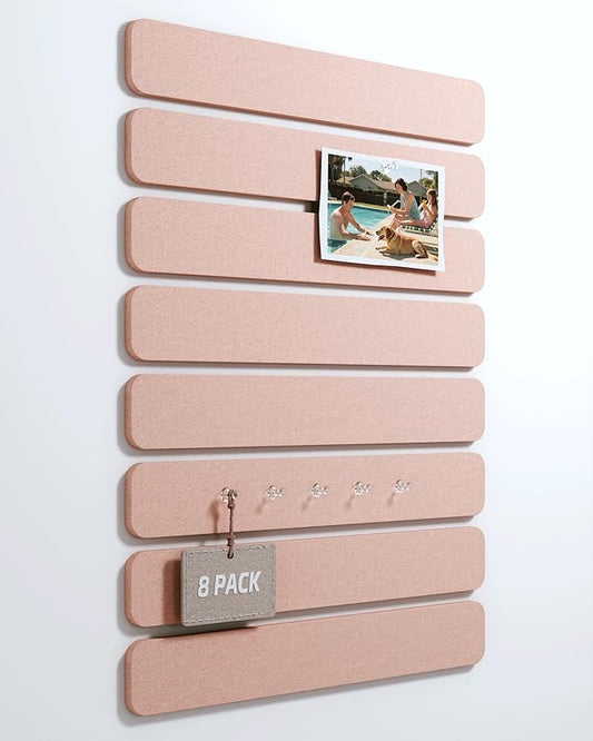 Cork Board Alternative Felt Strip Board 8-Pack 13"x2", Office Pin Board with 50 Push Pins, Adhesive Install for Bedroom Door & Home Office(Pink)