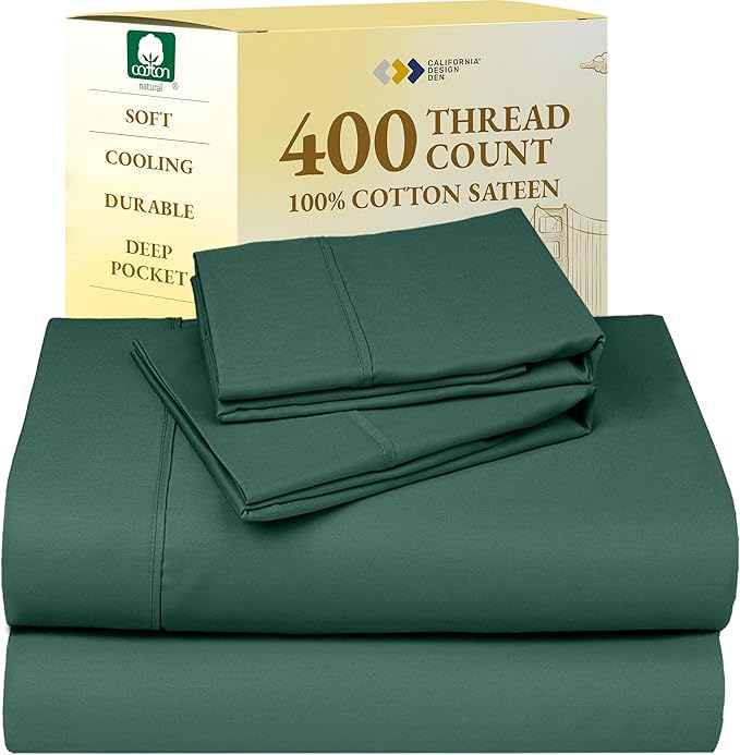California Design Den Soft 400 Thread Count, Natural 100% Cotton Sheets Sateen, King Bed Sheets Set, Deep Pockets with All Around Elastic for a Snug Fit, Durable Bedding Set - Hunter Green