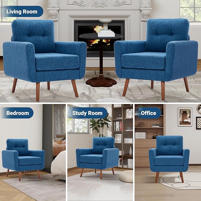 Tbfit Linen Fabric Single Sofa, Accent Chair, Mid Century Modern Armchair for Living Room, Bedroom Button Tufted Upholstered Comfy Reading Sofas, Blue