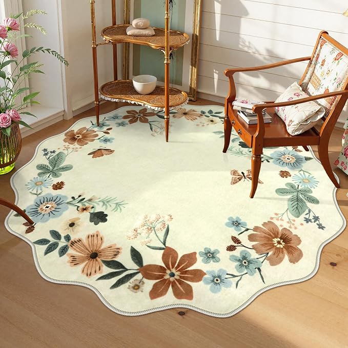 Lahome Floral Washable Round Area Rug, Round Rug 5ft Soft Non-Slip, Non-Shedding Boho Circle Carpet for Bedroom Living Room Bathroom Nursery Kitchen, Beige