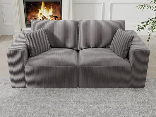 Modular Loveseat Couch Cloud Couches for Living Room - 79" Boneless Sofa - No Assembly Required, Cozy Corduroy Convertible Full Sponge Compression Sofas for House, Apartment(Grey)
