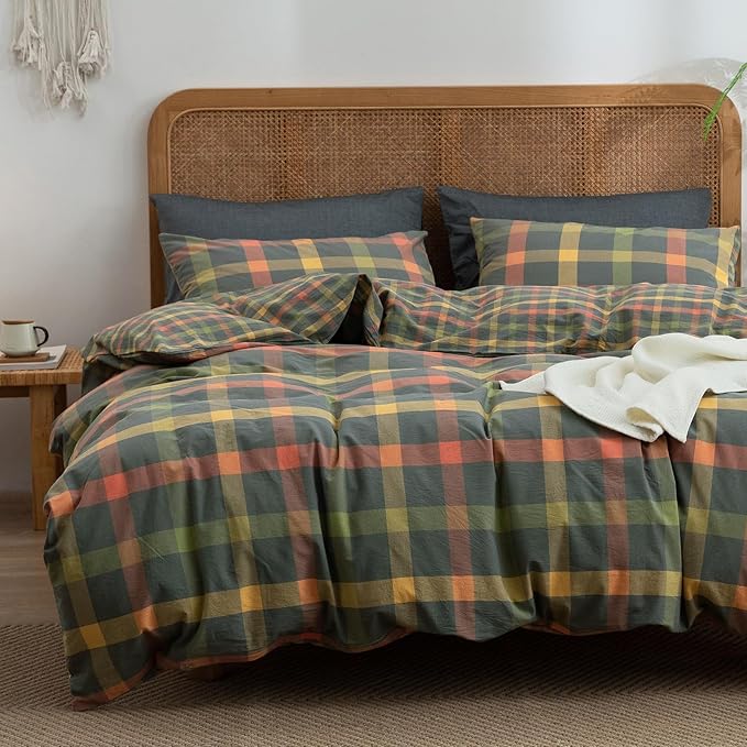 VM VOUGEMARKET Washed Cotton Bedding Set King Colorful Plaid Duvet Cover Set 3 Pieces Orange Grey Green Grid Duvet Cover with Zipper Ties for Men Women-104x90 Inch