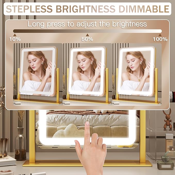 ROLOVE Gold Vanity Mirror with Lights, 15"x13" Lighted Makeup Mirror with Smart Touch, 3-Color Dimmable Lighting, 360° Rotation, Tabletop Mirror for Desk or Bedroom