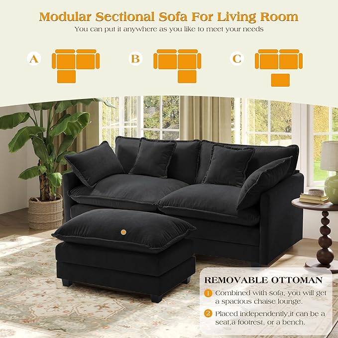 77.6" Modular Sectional Sofa,Loveseat Couch for Living Room, Modern Deep Seat Sofa 2 Seater Chenille Fabric Comfy Cloud Couches with Throw Pillows & Ottoman for Apartment,Small Spaces
