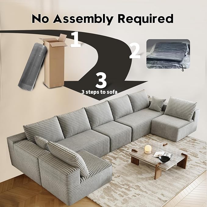 168.5" Modular Sectional Sofa, Oversized U-Shaped Minimalist Couches with 3 Middle Seats Chaise, Modern Deep Seat Convertible Sleeper Sofa, Cloud Plush Corduroy Fabric,7 Seater, Grey