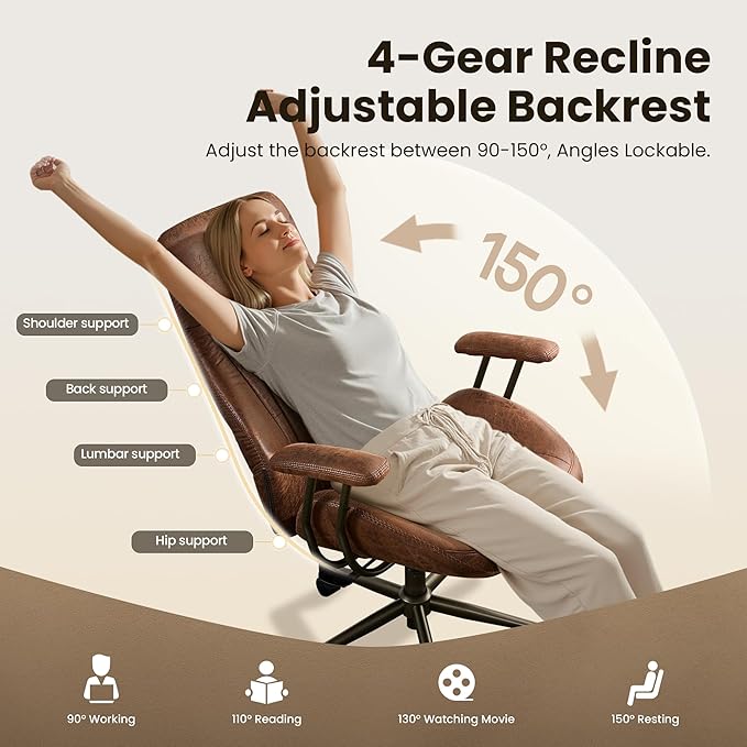 Home Office Desk Chair, Mid-Century Modern Office Chair with Adjustable Lumbar Support, Adjustable Height Executive Chair with 360 Rolling Swivel for Meeting Study Room(High Back, Dark Brown)