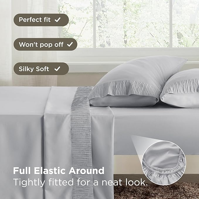 Bedsure California King Sheet Sets - 4 Pieces Soft Cal King Sheets - Breathable & Cooling - Hotel Luxury - Easy Care Polyester Microfiber Bedding for Women, Men, Light Grey