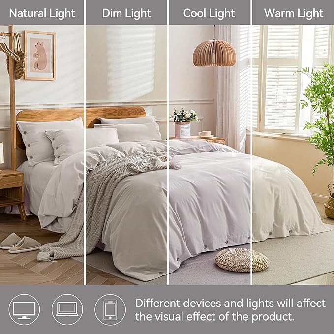 JELLYMONI Cotton Duvet Cover Queen Size - Beige Comforter Cover with Button 100% Washed Cotton 3PCS Breathable Soft Solid Bedding Set Duvet Cover 90×90in & 2 Pillowcases (NO Comforter)