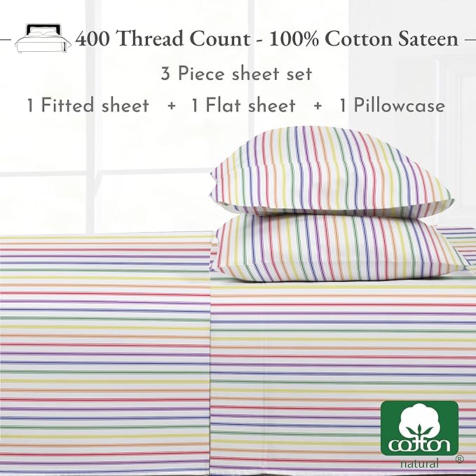 California Design Den Deep Pocket Twin Sheets Set - 400 Thread Count Sateen, Natural 100% Cotton Sheets, and Durable Bedding Set - Rainbow Striped