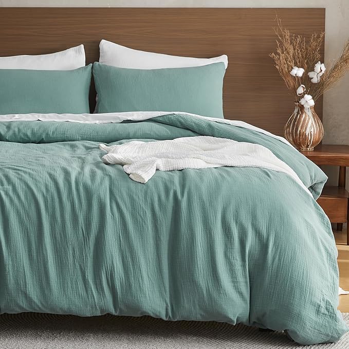 EMME Muslin Cotton Duvet Cover Set Teal King Size Linen Like Soft Breathable Lightweight Summer Comforter Cover Set with Zipper Closure (Teal, King, 104"x90")