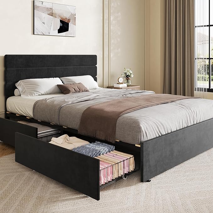 WLIVE Queen Size Upholstered Bed Frame with 4 Storage Drawers and Headboard, Velvet Platform Bedframe, Sturdy Metal & Wooden Slats Support, No Box Spring Needed, Easy Assembly, Black
