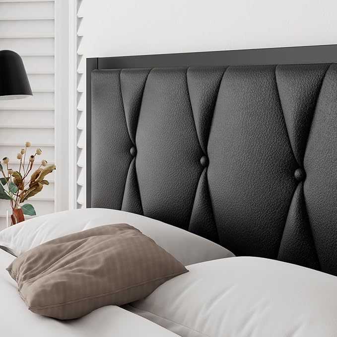 iPormis Full Size Metal Bed Frame, Faux Leather Button Tufted Headboard Platform Bed, Heavy Duty Slats Support, 12" Under Bed Storage, No Box Spring Needed, Easy Assembly, Black