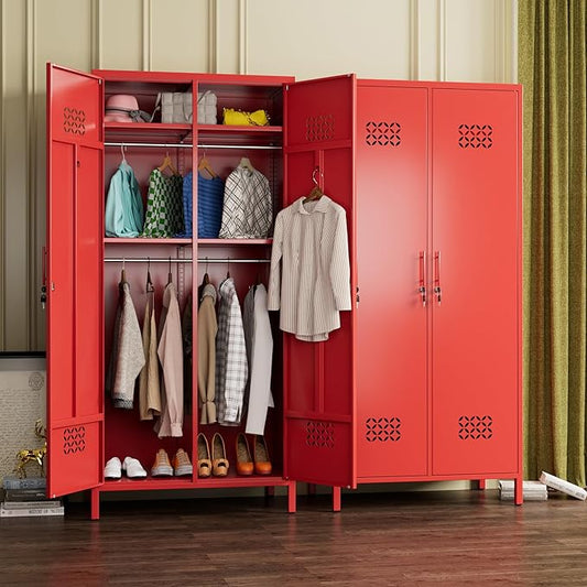 Aobabo Metal Wardrobe Cabinets with Lock, 2 Door Metal Closet with 4 Adjustable Shelves and 2 Hannging Rod, Lockable Locker Cabinet, Storage Locker for Home, Office,Red, Assembly Required