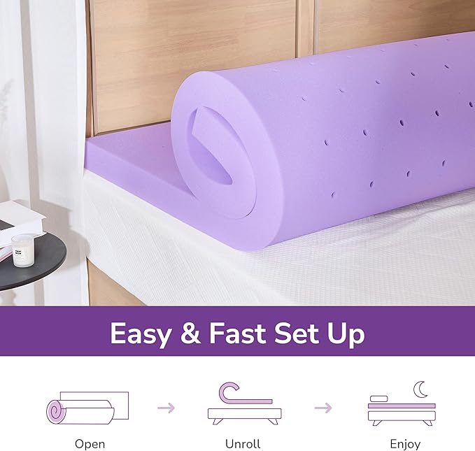 2 Inch Queen Lavender Infusion Memory Foam Mattress Topper for Relaxing Sleep, Ventilated & Pressure Relieving, CertiPUR-US Certified, Medium Firm Topper in a Box, Queen Size, 60"x80"