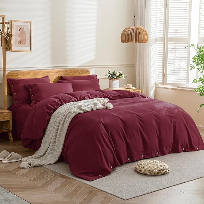 JELLYMONI Cotton Duvet Cover Twin Size - Burgundy Comforter Cover with Button 100% Washed Cotton 2PCS Breathable Soft Solid Bedding Set Duvet Cover 68×90in & 1 Pillowcase (NO Comforter)