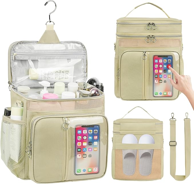 Portable Shower Caddy College, Quickly Dry Tolietry Mesh Tote Bag for Dorm Room Essentials, Hanging Bathroom Organizer Bag for Travel, Gym, Camping (Apricot)