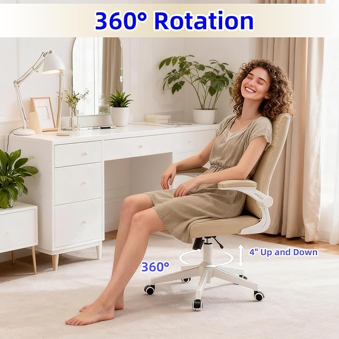 Ergonomic Home Office Desk Chair with Space Saving Flip-Up Arms, 360° Swivel & Reclining Back, High-Back Executive Chair in Soft Faux Leather Chair Multi-Angle from 90° to 135°with 450LBS Capacity