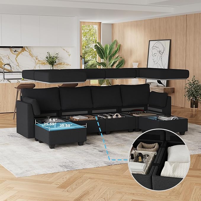 114.17" Modular Sectional Sofa, 6 Seat Sectional Couches with Storage, Memory Foam, Convertible Modular Couch for Living Room, U Shaped Comfy Modular Sofa with Chaise, Black