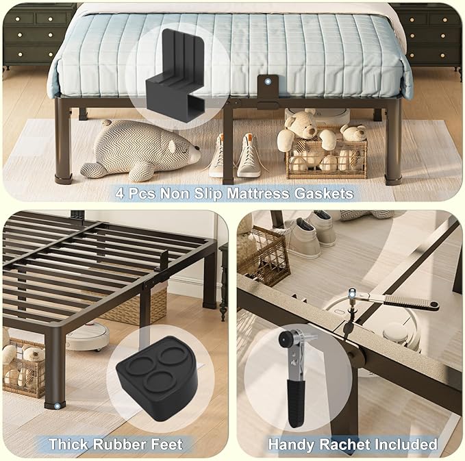 6 inch California King Bed Frame with Round Corner Legs Mattress Slide Stopper,Low Profile Heavy Duty Metal Platform,Steel Slat Support,No Box Spring Needed,Easy Assembly,Noise Free