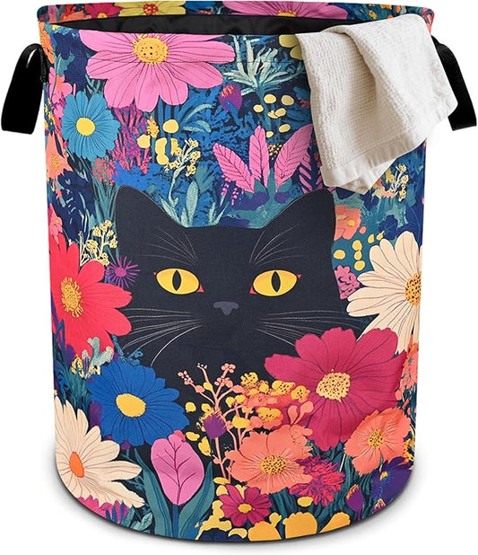 Black Cat Floral Laundry Basket Foldable Oxford Cloth Tote Bag Laundry Hamper Clothes Storage Bucket Organizer For Bathroom/Laundry Storage/Bedroom 19.6x15.7 Inch