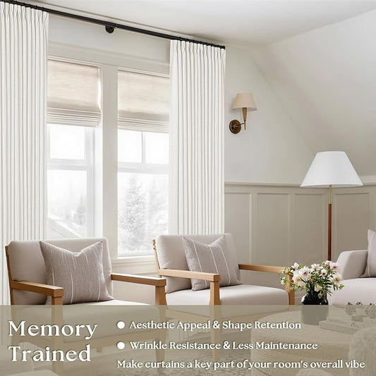 Beige White Pinch Pleated Linen Curtains 2 Panels 105 Inches Long for Living Room Bedroom Memory Shaped Semi Sheer Pleat Drapes with Hooks Rings Light Filtering Window Curtain 40x105