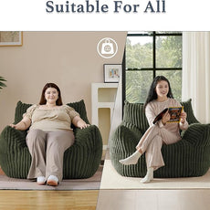 Giant Plush Bean Bag Chair for Adults with Armrests - Oversized Comfy Green Beanbag Lounge Lazy Floor Sofa Accent Chair for Living Room, Bedroom & Dorm, Cozy Fluffy Single Cloud Mini Couch