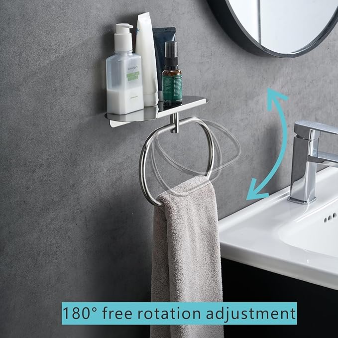 Towel Ring with Shelf Steel Self, Stainless Steel Bath Towel Rings, Self Adhesive Hand Towel Ring for Bathroom, Wall Mounted Towel Hanger for Bathroom Kitchen (Chrome)