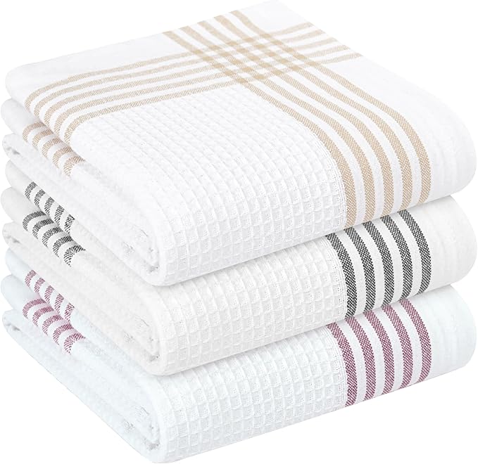 Multi Color Kitchen Towels 3 Pack, 16x26 Inch, 100% Cotton Waffle Weave, Super Absorbent, Quick Dry, Reusable Dish Towels for Cleaning, Drying, Cooking, Beige, Black, Burgundy Wine