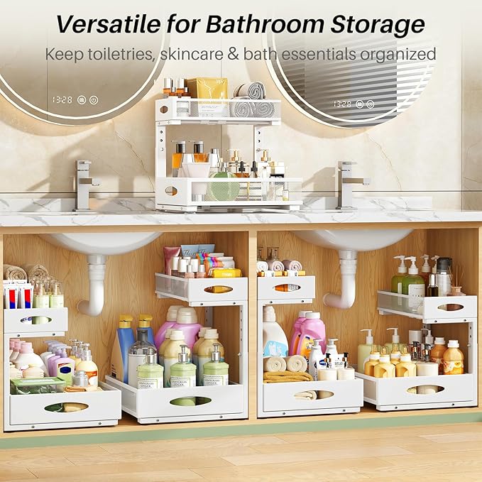 Under Sink Organizer, 1-Pack Pull Out Cabinet Organizer 2 Tier Metal Slide Out Storage Shelf Rack, L-Shaped Adjustable Height,Mesh Sliding Drawer for Kitchen, Bathroom, Laundry, Pantry, White, XL