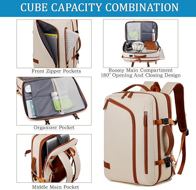 Travel Laptop Backpack for Men Women, Airline Approved Personal carry on Backpack with USB Charging Port,35L Large Water Resistant Durable anti theft Capacity Student Bag Fits 15.6 Inch Notebook,Cream