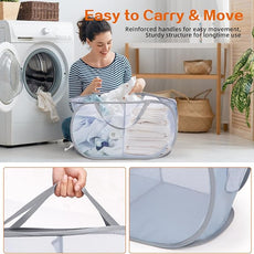 Sturdy Collapsible Laundry Baskets, Foldable Pop Up Laundry Hamper, Durable 2 Compartments Laundry Basket, Handy Pocket & Easy to Sort Clothes Hampers for Laundry, Dorm, Kids Room, Travel Grey