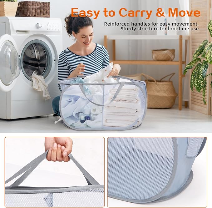 Sturdy Collapsible Laundry Baskets, Foldable Pop Up Laundry Hamper, Durable 2 Compartments Laundry Basket, Handy Pocket & Easy to Sort Clothes Hampers for Laundry, Dorm, Kids Room, Travel Grey