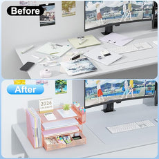 gianotter Desk Organizers and Accessories with File Holder, 4-Tier Desk Accessories & Workspace Organizers with Drawer and 2 Pen Holder, Paper Organizer for Office Supplies (Rose Gold)