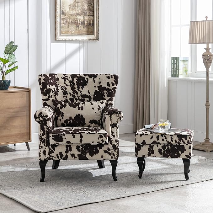 Set of 2 Mid-Century Modern Accent Chair with Ottomans, Velvet Armchair w/Tufted Back/Wood Legs, Upholstered Lounge Arm Chair Single Sofa for Living Room Bedroom, Cow Print