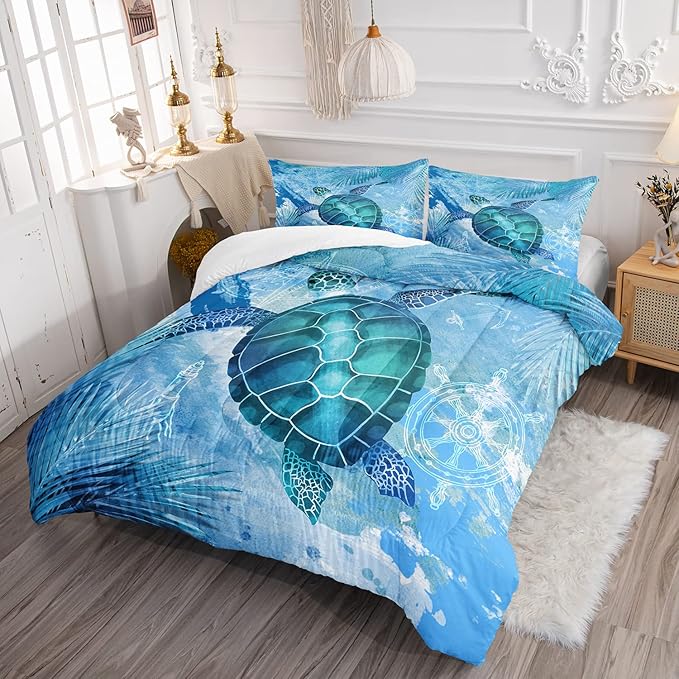 CVHOUSE Sea Turtle Bedding Set,Sea Turtle Comforter Queen,Ocean Bohemia Comforter Set for Boys Kids Girls,Ocean Quilt Set with 1 Comforter and 2 Pillow Cases