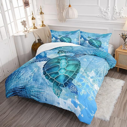 CVHOUSE Sea Turtle Bedding Set,Sea Turtle Comforter Full,Ocean Bohemia Comforter Set for Boys Kids Girls,Ocean Quilt Set with 1 Comforter and 2 Pillow Cases