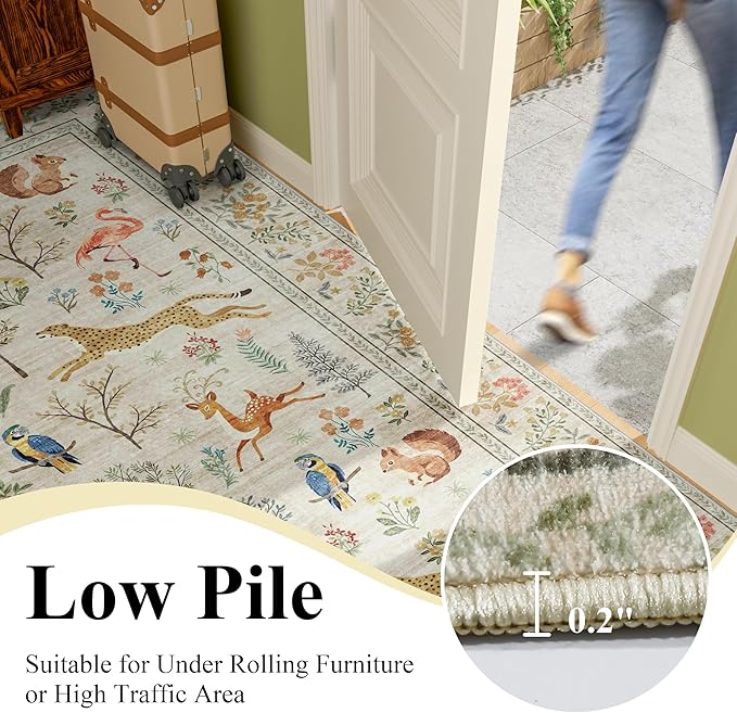 DUKINO 9x12 Rug, Washable Animal Living Room Rug with Non Slip Vintage Design, Soft Low Pile Large Carpet for Bedroom, Nursery, Dining Room, Farmhouse, Playroom, White