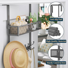 Consumest Over The Door Hooks Organizer - Over Door Hanger with 16 Hooks & 2 Baskets for Hanging Coat, Clothing, Towel, Hanging Organizer for Bathroom, Closet, College Dorm, Grey