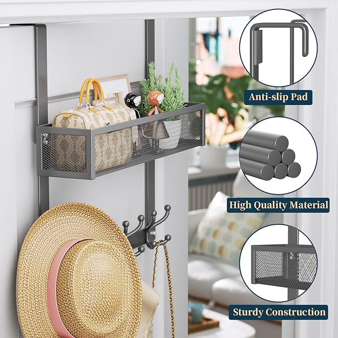 Consumest Over The Door Hooks Organizer - Over Door Hanger with 16 Hooks & 2 Baskets for Hanging Coat, Clothing, Towel, Hanging Organizer for Bathroom, Closet, College Dorm, Grey