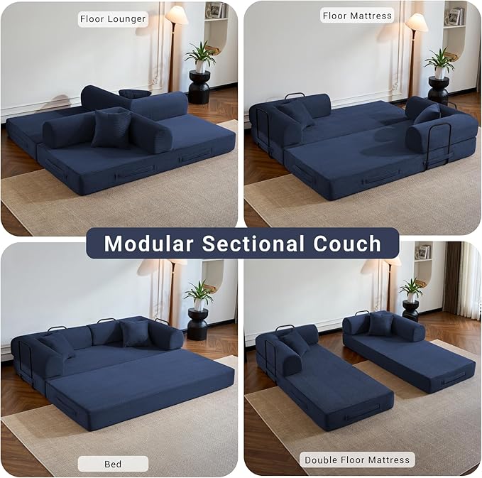 Compressed Sofa, Convertible Sofa Bed, Corduroy Compression Boneless Couch with Pillow, Comfy Modular Foldable Floor Sleeper Sofa for Bedroom, Living Room, Lounge, Studio (Dark Blue)
