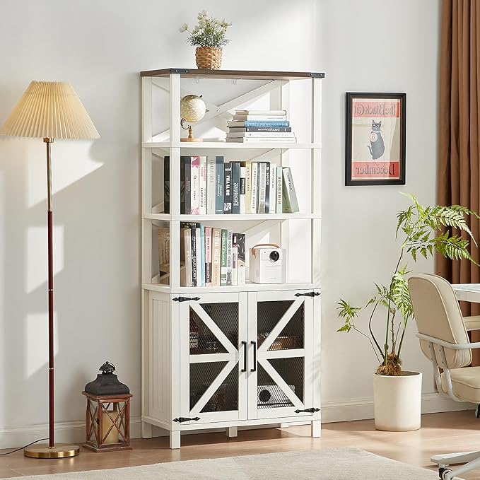5 Tier Bookshelf 70" Tall Bookcase with Barn Doors,Large Farmhouse Display Book Shelf with Adjustable Shelves and Storage Cabinet，Library Wood Bookshelves for Living Room,Kitchen,White(2PCS)